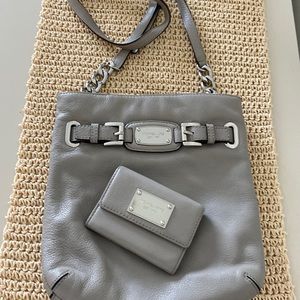 SOLD! Michael Kors silver hardware crossbody handbag + matching wallet.